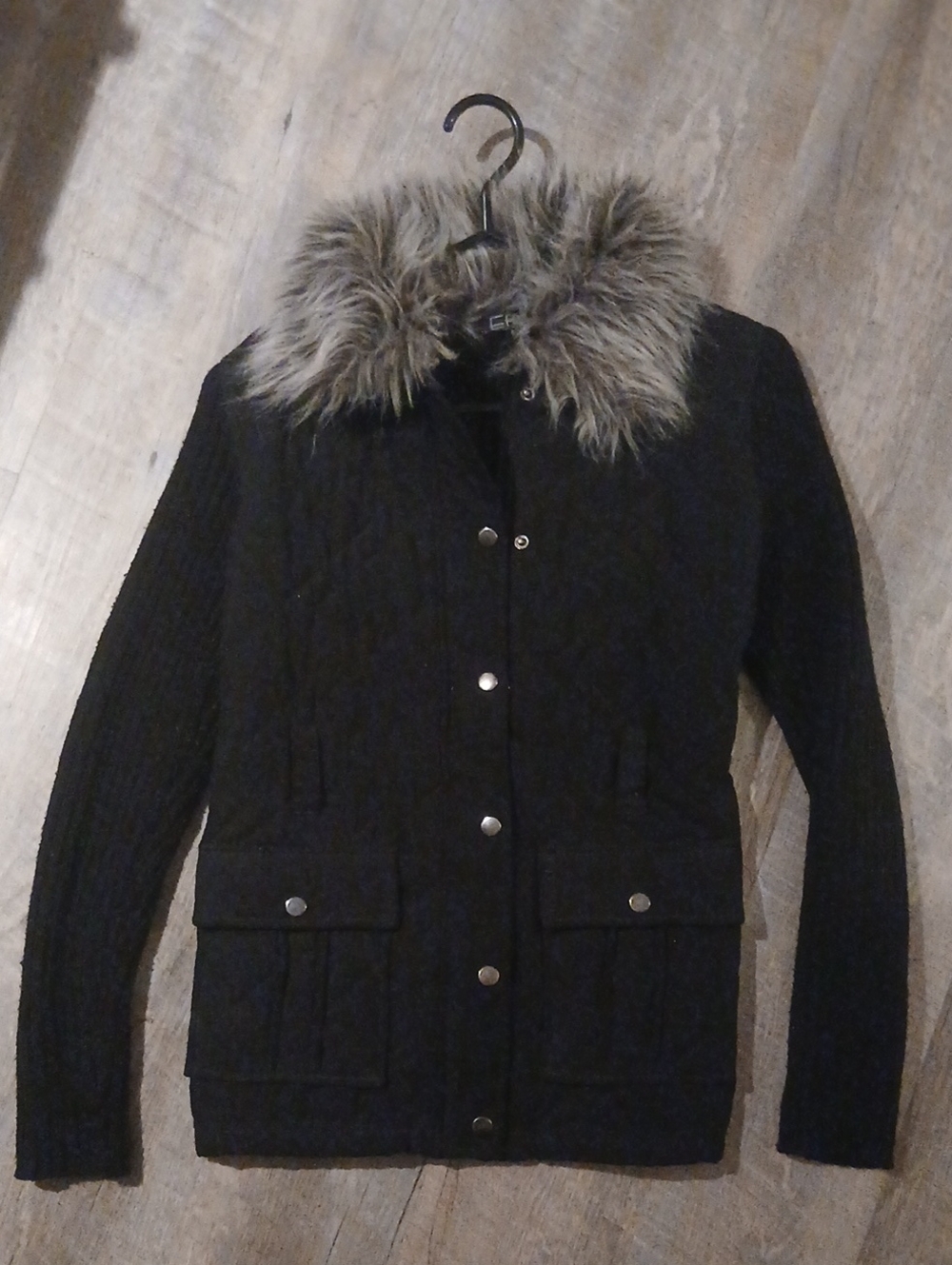 Black Quilted Coat with Faux Fur Collar - Women's Jacket